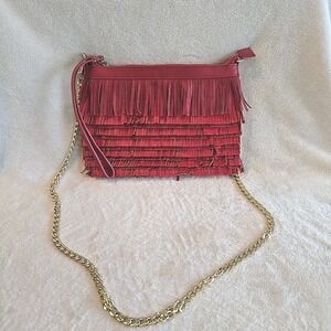 Pink Haley Red Fringe Faux-Leather Crossbody Purse Y2K Festival Gold Chain Strap
